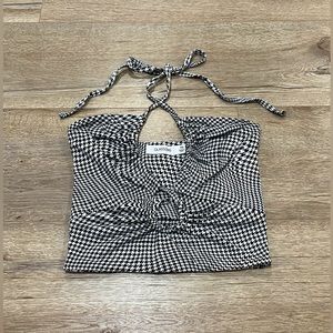 Glassons - XS Houndstooth Keyhole Halter Tie Crop Top - Black & White